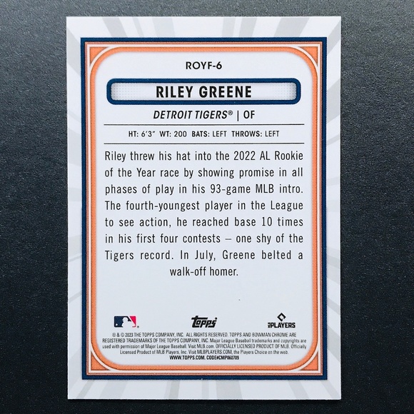 Riley Greene RC - 2023 Bowman Chrome Rookie of the Year Favorites #ROYF-6 - Picture 2 of 2
